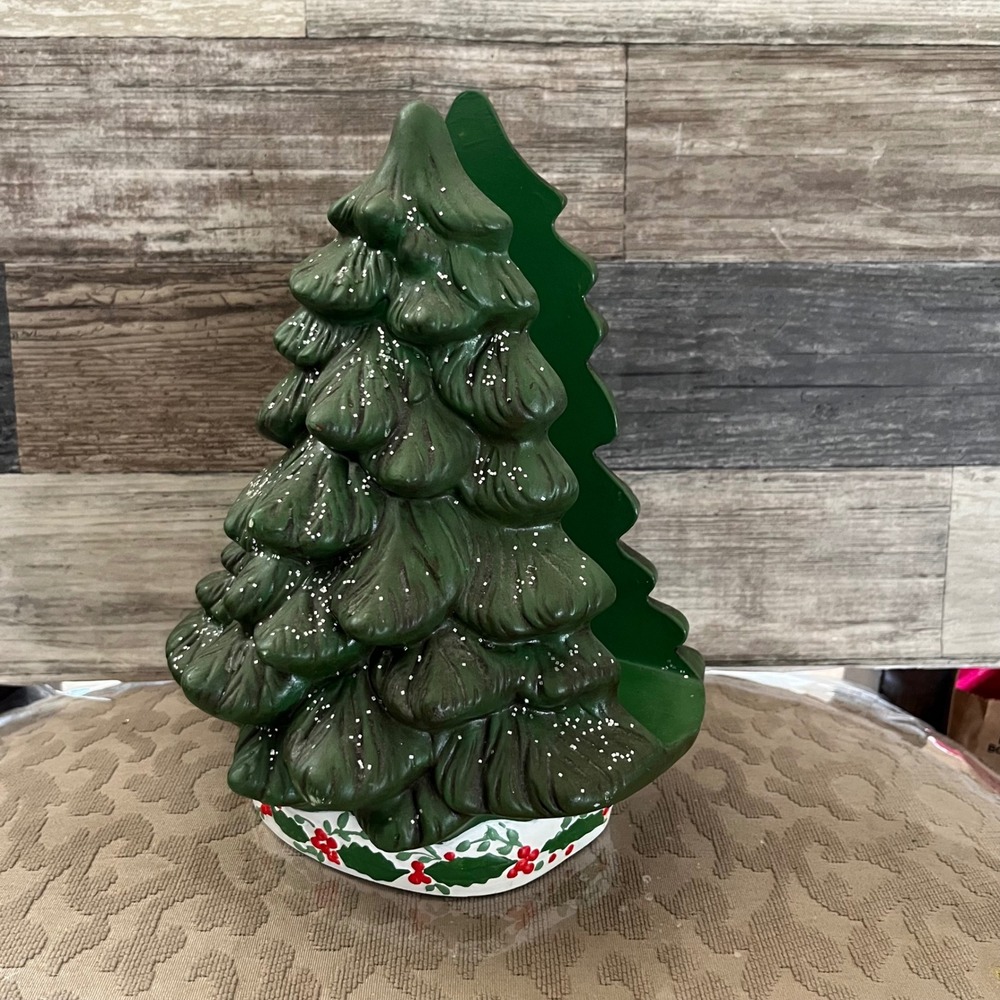 Vintage Holland Mold Ceramic Christmas Tree Napkin Holder Green Holly Berry 9in